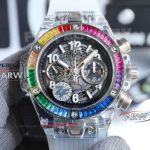 Replica ZF Hublot Big Bang Sapphire Case Rainbow Diamond Bezel Transparent Rubber Strap Swiss Watch